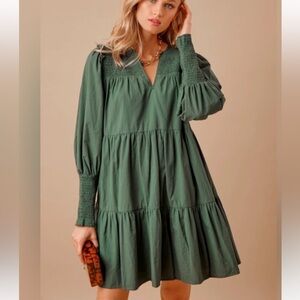 Pomander Place Ceci Smocked Long Sleeve Green Tiered Mini Dress Size Small